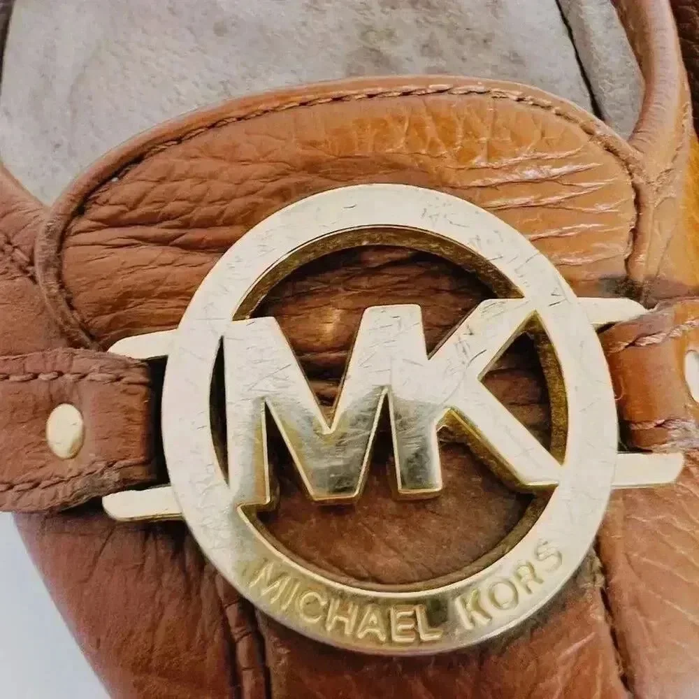 Michael Kors Brown Leather Flats Loafers Gold MK Emblem Women's Size 8.5